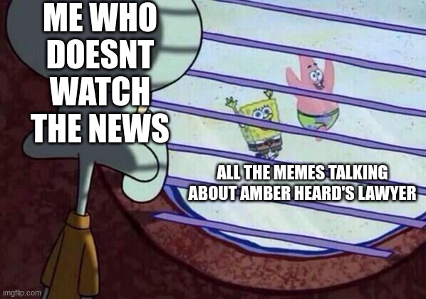 Squidward window | ME WHO DOESNT WATCH THE NEWS ALL THE MEMES TALKING ABOUT AMBER HEARD'S LAWYER | image tagged in squidward window | made w/ Imgflip meme maker