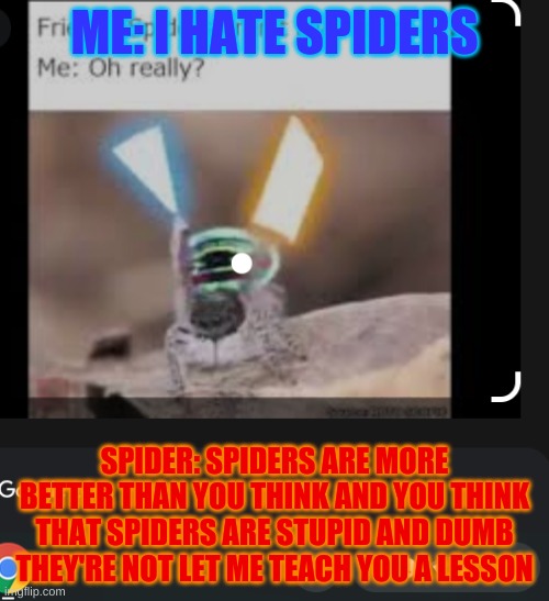 spiders aint carry | ME: I HATE SPIDERS; SPIDER: SPIDERS ARE MORE BETTER THAN YOU THINK AND YOU THINK THAT SPIDERS ARE STUPID AND DUMB THEY'RE NOT LET ME TEACH YOU A LESSON | image tagged in spiders aint scary | made w/ Imgflip meme maker