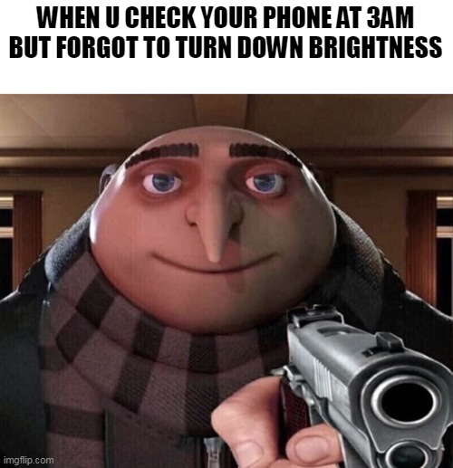 ouch | WHEN U CHECK YOUR PHONE AT 3AM
BUT FORGOT TO TURN DOWN BRIGHTNESS | image tagged in gru gun,cats,funny,memes,all lives matter | made w/ Imgflip meme maker