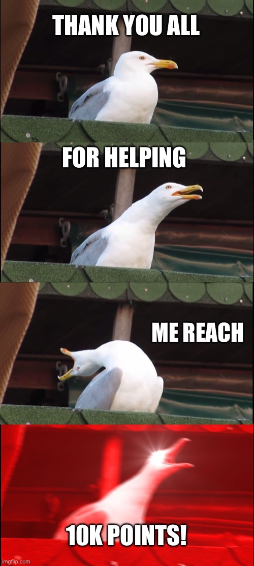 Thank you all |  THANK YOU ALL; FOR HELPING; ME REACH; 10K POINTS! | image tagged in memes,inhaling seagull,thank you | made w/ Imgflip meme maker