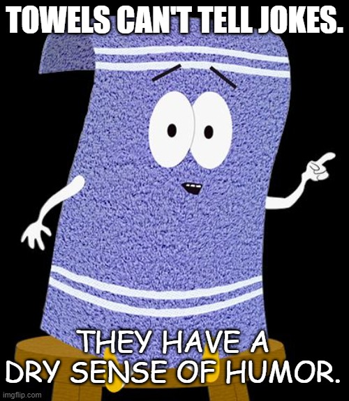 Daily Bad Dad Joke May 12 2022 | TOWELS CAN'T TELL JOKES. THEY HAVE A DRY SENSE OF HUMOR. | image tagged in towelie | made w/ Imgflip meme maker