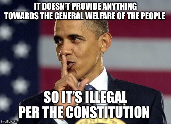 Obama Shhhhh | IT DOESN’T PROVIDE ANYTHING TOWARDS THE GENERAL WELFARE OF THE PEOPLE SO IT’S ILLEGAL PER THE CONSTITUTION | image tagged in obama shhhhh | made w/ Imgflip meme maker