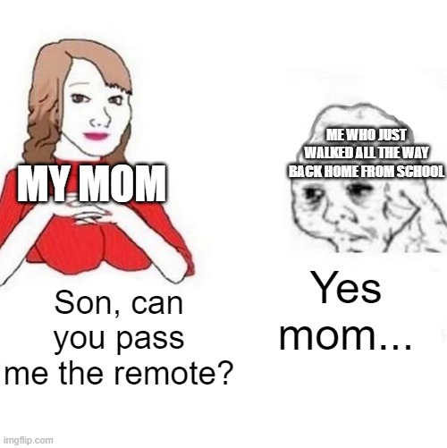 help | ME WHO JUST WALKED ALL THE WAY BACK HOME FROM SCHOOL; MY MOM; Yes mom... Son, can you pass me the remote? | image tagged in yes honey | made w/ Imgflip meme maker