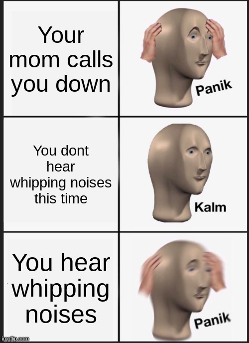 Mom found the piss closet | Your mom calls you down; You dont hear whipping noises this time; You hear whipping noises | image tagged in memes,panik kalm panik | made w/ Imgflip meme maker