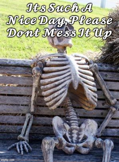 Waiting Skeleton Meme | 𝓘𝓽𝓼 𝓢𝓾𝓬𝓱 𝓐 𝓝𝓲𝓬𝓮 𝓓𝓪𝔂, 𝓟𝓵𝓮𝓪𝓼𝓮 𝓓𝓸𝓷𝓽 𝓜𝓮𝓼𝓼 𝓘𝓽 𝓤𝓹 | image tagged in memes,waiting skeleton | made w/ Imgflip meme maker