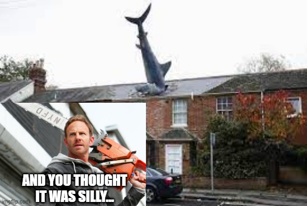 Sharknado | AND YOU THOUGHT IT WAS SILLY... | image tagged in what the hell happened here | made w/ Imgflip meme maker