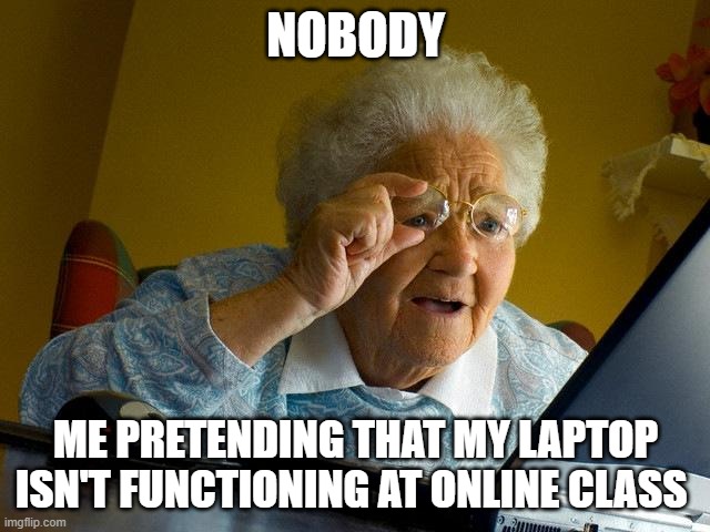 Grandma Finds The Internet Meme | NOBODY; ME PRETENDING THAT MY LAPTOP ISN'T FUNCTIONING AT ONLINE CLASS | image tagged in memes,grandma finds the internet | made w/ Imgflip meme maker