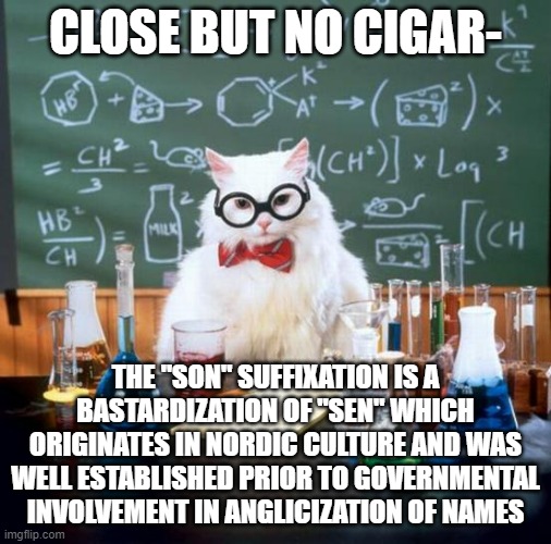 Chemistry Cat Meme | CLOSE BUT NO CIGAR- THE "SON" SUFFIXATION IS A BASTARDIZATION OF "SEN" WHICH ORIGINATES IN NORDIC CULTURE AND WAS WELL ESTABLISHED PRIOR TO  | image tagged in memes,chemistry cat | made w/ Imgflip meme maker