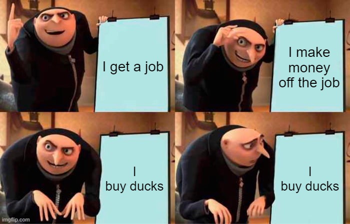 Gru's Plan | I get a job; I make money off the job; I buy ducks; I buy ducks | image tagged in memes,gru's plan | made w/ Imgflip meme maker