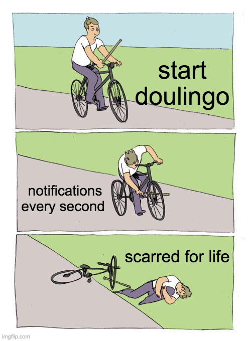 Bike Fall | start doulingo; notifications every second; scarred for life | image tagged in memes,bike fall | made w/ Imgflip meme maker