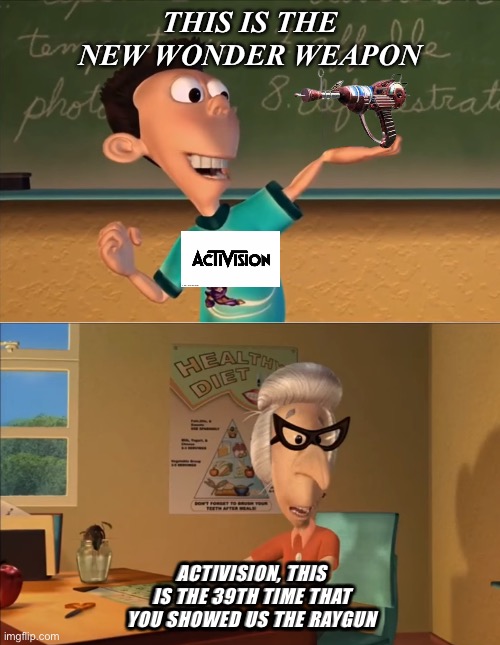 jimmy neutron meme | THIS IS THE NEW WONDER WEAPON; ACTIVISION, THIS IS THE 39TH TIME THAT YOU SHOWED US THE RAYGUN | image tagged in jimmy neutron meme | made w/ Imgflip meme maker