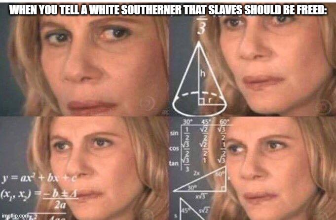 APUSH final project meme | WHEN YOU TELL A WHITE SOUTHERNER THAT SLAVES SHOULD BE FREED: | image tagged in math lady/confused lady | made w/ Imgflip meme maker