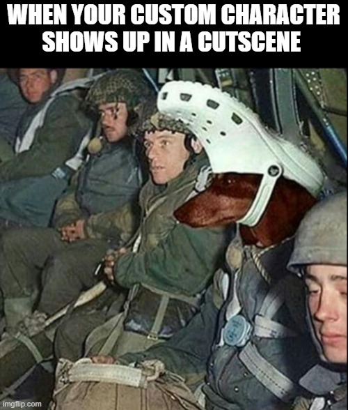 Am I the only one who did this? | WHEN YOUR CUSTOM CHARACTER SHOWS UP IN A CUTSCENE | image tagged in memes,custom,dog,funny,crocs,military | made w/ Imgflip meme maker