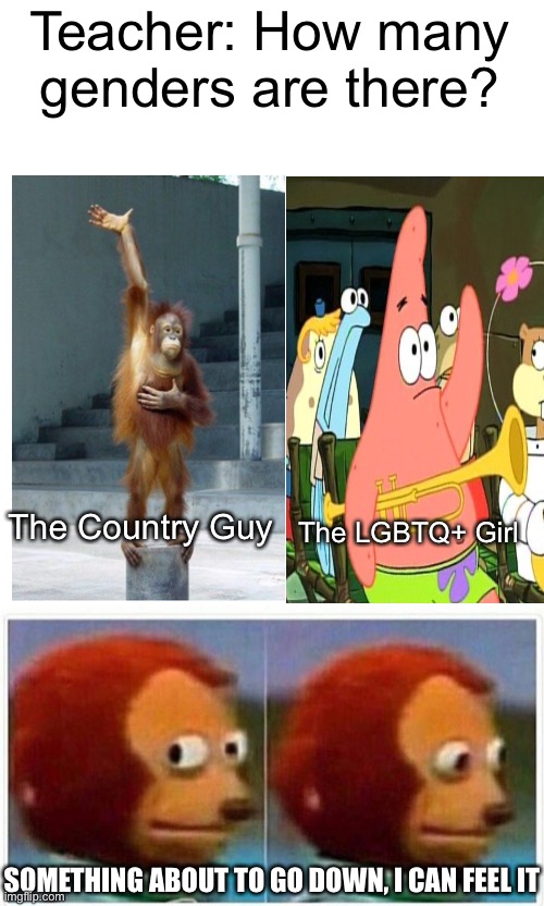 Lol | Teacher: How many genders are there? The Country Guy; The LGBTQ+ Girl; SOMETHING ABOUT TO GO DOWN, I CAN FEEL IT | image tagged in memes,monkey puppet,lgbtq,funny,lol,upvote begging | made w/ Imgflip meme maker