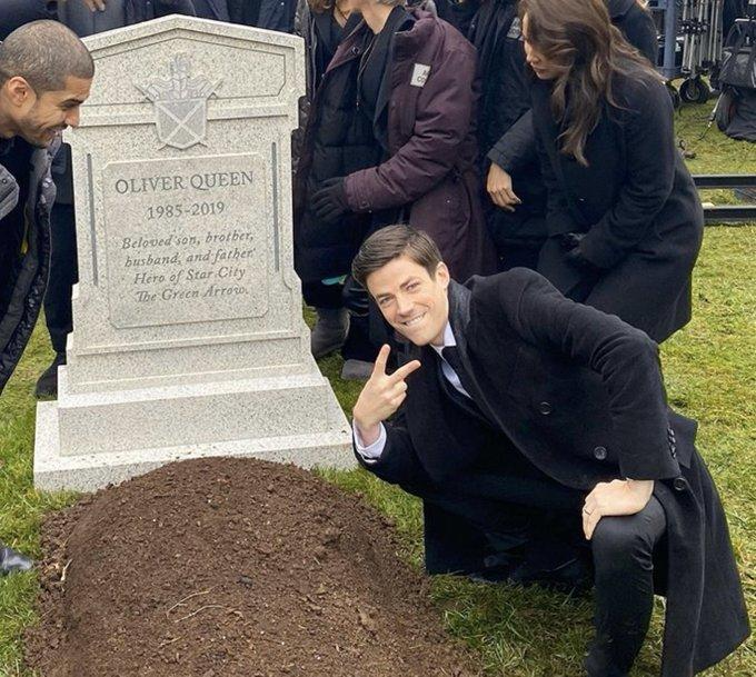 Grant Gustin Next To Oliver Queen's Grave Blank Meme Template