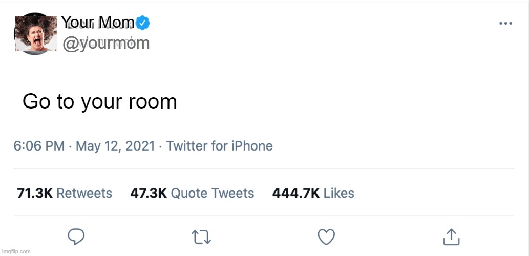 go to your room |  Your Mom; @yourmom; Go to your room | image tagged in elon musk blank tweet,the room,your mom,angry,punishment | made w/ Imgflip meme maker