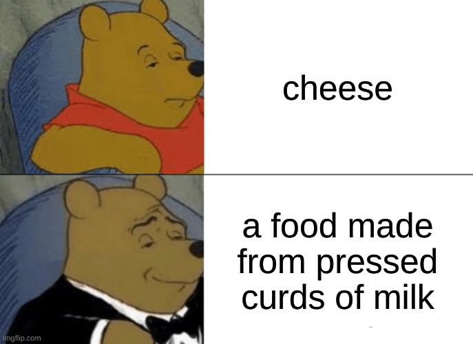 Tuxedo Winnie The Pooh | cheese; a food made from pressed curds of milk | image tagged in memes,tuxedo winnie the pooh | made w/ Imgflip meme maker