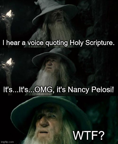 I hear a voice...It's...It's...OMG, its... | I hear a voice quoting Holy Scripture. It's...It's...OMG, it's Nancy Pelosi! WTF? | image tagged in memes,confused gandalf | made w/ Imgflip meme maker