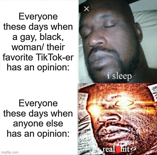 Imma get cancelled/censored for this, but I really don't care lol | Everyone these days when a gay, black, woman/ their favorite TikTok-er has an opinion:; Everyone these days when anyone else has an opinion: | image tagged in memes,sleeping shaq | made w/ Imgflip meme maker