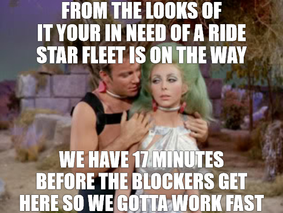 THE QUICKY | FROM THE LOOKS OF IT YOUR IN NEED OF A RIDE STAR FLEET IS ON THE WAY; WE HAVE 17 MINUTES BEFORE THE BLOCKERS GET HERE SO WE GOTTA WORK FAST | image tagged in star trek romantic kirk,star trek | made w/ Imgflip meme maker