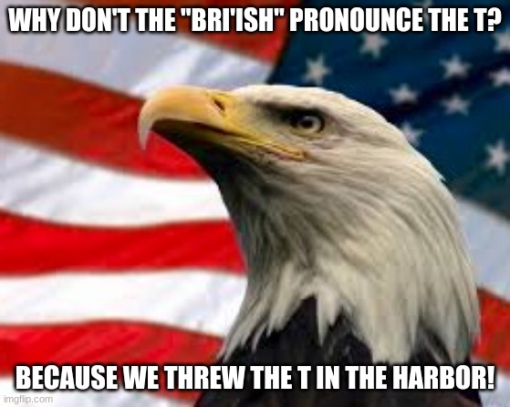 murica! | WHY DON'T THE "BRI'ISH" PRONOUNCE THE T? BECAUSE WE THREW THE T IN THE HARBOR! | image tagged in murica patriotic eagle | made w/ Imgflip meme maker