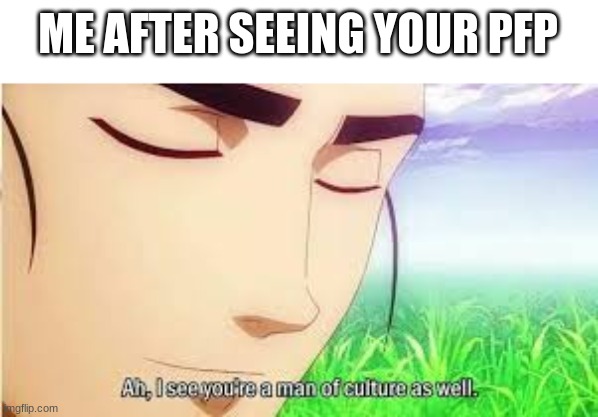 ME AFTER SEEING YOUR PFP | image tagged in ah i see you are a man of culture as well | made w/ Imgflip meme maker
