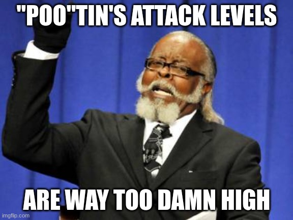 Pootin is stoopid | "POO"TIN'S ATTACK LEVELS; ARE WAY TOO DAMN HIGH | image tagged in memes,too damn high,putin | made w/ Imgflip meme maker