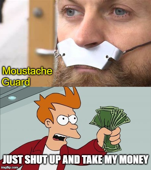 Moustache Guard?? | Moustache 
Guard | image tagged in shut up and take my money fry,shut up and take my money,shut up,mustache | made w/ Imgflip meme maker