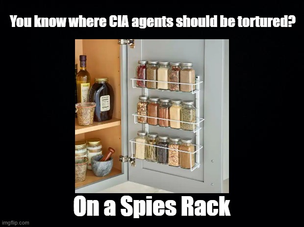 Spies Rack |  You know where CIA agents should be tortured? On a Spies Rack | image tagged in spies,spice,puns | made w/ Imgflip meme maker