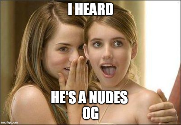 Girls gossiping | I HEARD; HE'S A NUDES 
OG | image tagged in girls gossiping | made w/ Imgflip meme maker