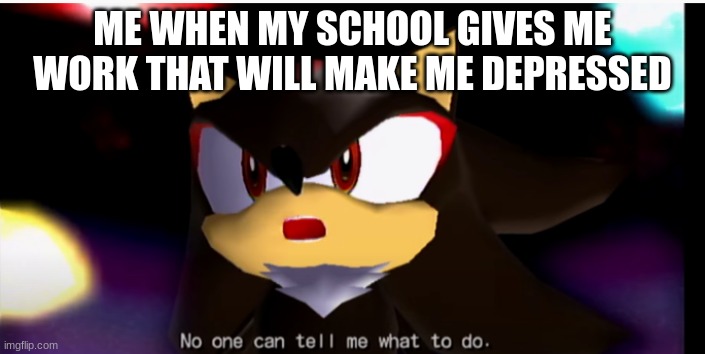lol | ME WHEN MY SCHOOL GIVES ME WORK THAT WILL MAKE ME DEPRESSED | image tagged in no one can tell me what to do,school | made w/ Imgflip meme maker