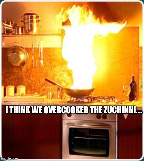 fire kitchen | I THINK WE OVERCOOKED THE ZUCHINNI.... | image tagged in fire kitchen | made w/ Imgflip meme maker