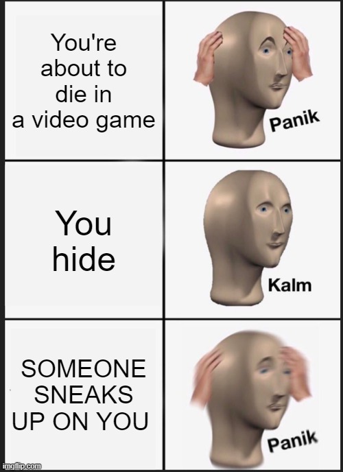 In games be like: | You're about to die in a video game; You hide; SOMEONE SNEAKS UP ON YOU | image tagged in memes,panik kalm panik | made w/ Imgflip meme maker