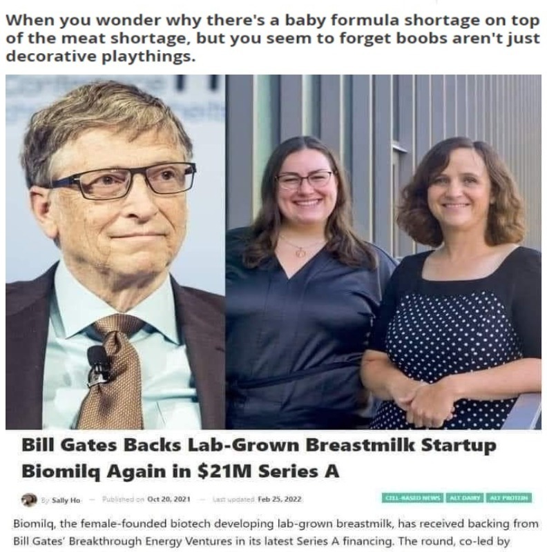 When you wonder why there's a baby food shortage but you seem to forget boobs aren't just decorative playthings. | image tagged in boobs,mad scientist,bill gates is no scientist hes just mad | made w/ Imgflip meme maker