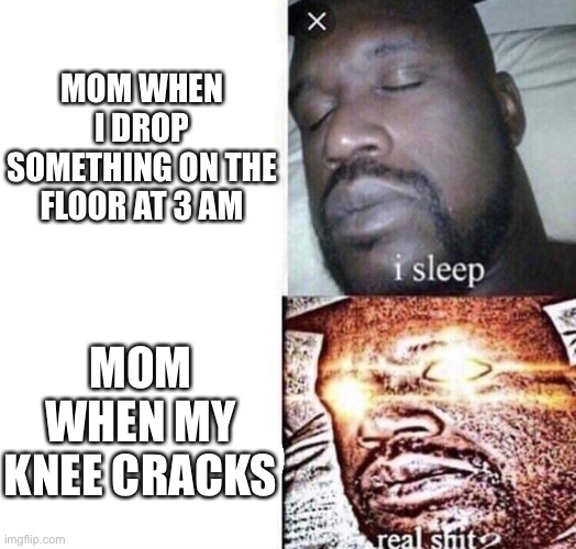 Super annoying knee | MOM WHEN I DROP SOMETHING ON THE FLOOR AT 3 AM; MOM WHEN MY KNEE CRACKS | image tagged in i sleep real shit,fun | made w/ Imgflip meme maker