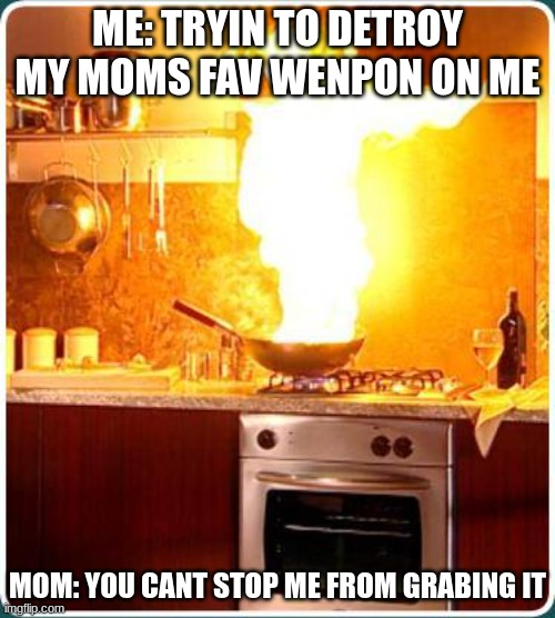 fire kitchen | ME: TRYIN TO DETROY MY MOMS FAV WENPON ON ME; MOM: YOU CANT STOP ME FROM GRABING IT | image tagged in fire kitchen | made w/ Imgflip meme maker