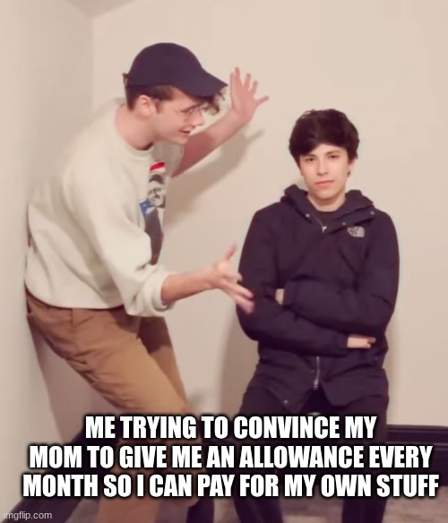vilber boot | ME TRYING TO CONVINCE MY MOM TO GIVE ME AN ALLOWANCE EVERY MONTH SO I CAN PAY FOR MY OWN STUFF | image tagged in wilbur soot,dreamsmp,dream,georgenotfound | made w/ Imgflip meme maker