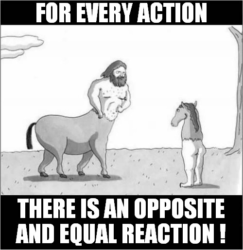 Centaur Physics ! | FOR EVERY ACTION; THERE IS AN OPPOSITE AND EQUAL REACTION ! | image tagged in centaur,physics,cartoon,reactions | made w/ Imgflip meme maker