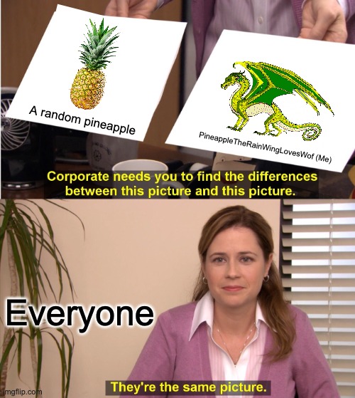 I am a Pineapple | A random pineapple; PineappleTheRainWingLovesWof (Me); Everyone | image tagged in memes,they're the same picture | made w/ Imgflip meme maker