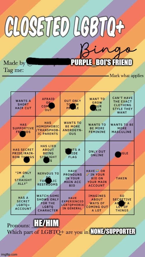 Closeted LGBTQ+ Bingo | PURPLE_BOI'S FRIEND; HE/HIM; NONE/SUPPORTER | image tagged in closeted lgbtq bingo | made w/ Imgflip meme maker