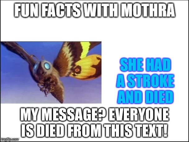 Fun Facts with Mothra | MY MESSAGE? EVERYONE IS DIED FROM THIS TEXT! SHE HAD A STROKE AND DIED | image tagged in fun facts with mothra | made w/ Imgflip meme maker