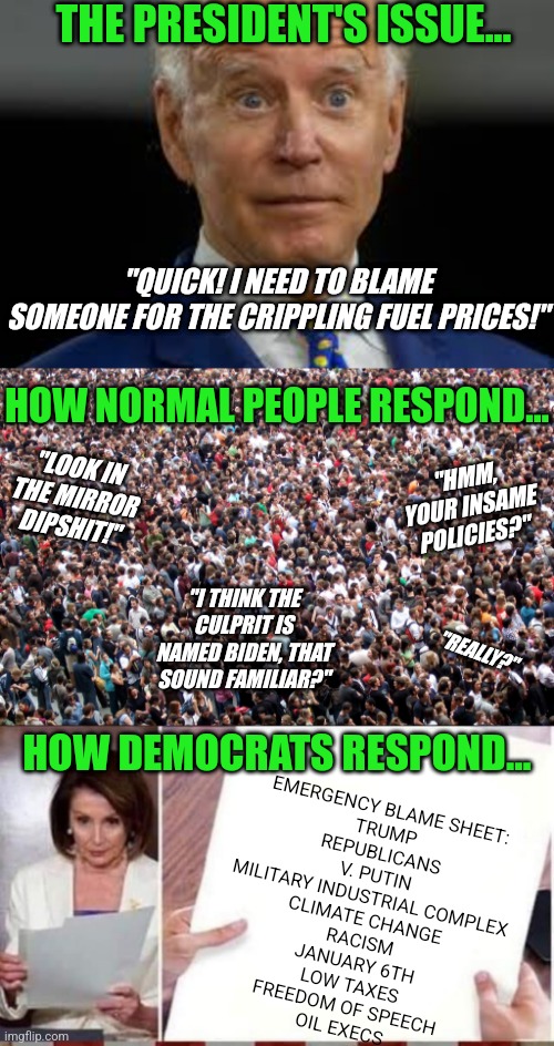 The blame game, something Democrats learn well.... | THE PRESIDENT'S ISSUE... "QUICK! I NEED TO BLAME SOMEONE FOR THE CRIPPLING FUEL PRICES!"; HOW NORMAL PEOPLE RESPOND... "HMM, YOUR INSAME POLICIES?"; "LOOK IN THE MIRROR DIPSHIT!"; "I THINK THE CULPRIT IS NAMED BIDEN, THAT SOUND FAMILIAR?"; "REALLY?"; HOW DEMOCRATS RESPOND... EMERGENCY BLAME SHEET:
TRUMP
REPUBLICANS
V. PUTIN
MILITARY INDUSTRIAL COMPLEX
CLIMATE CHANGE
RACISM
JANUARY 6TH
LOW TAXES
FREEDOM OF SPEECH
OIL EXECS | image tagged in scared biden,nancy pelosi tears speech,liberal logic,lies,blame,liberal hypocrisy | made w/ Imgflip meme maker