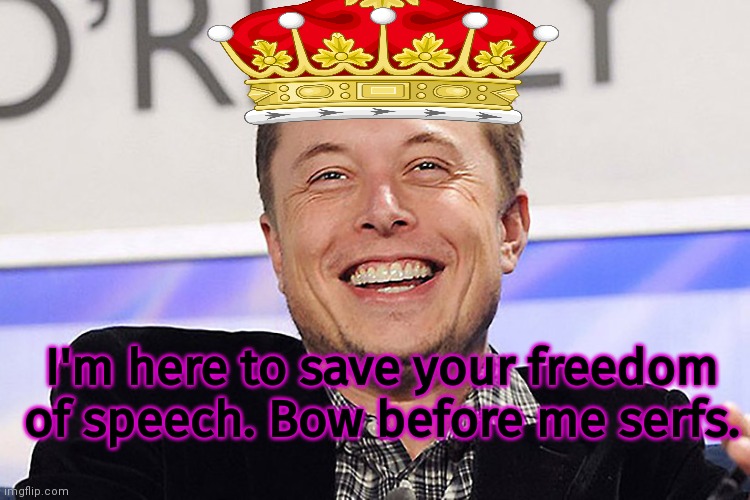 Should I submit this to peetoo? I haven't been banned in awhile. | I'm here to save your freedom of speech. Bow before me serfs. | image tagged in elon musk,king,billionaire,diamonds | made w/ Imgflip meme maker
