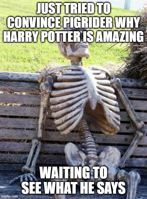 Hoping it goes well | JUST TRIED TO CONVINCE PIGRIDER WHY HARRY POTTER IS AMAZING; WAITING TO SEE WHAT HE SAYS | image tagged in memes,waiting skeleton | made w/ Imgflip meme maker