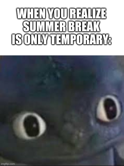 Well Frick |  WHEN YOU REALIZE SUMMER BREAK IS ONLY TEMPORARY: | image tagged in memes,toothless,oh wow are you actually reading these tags,barney will eat all of your delectable biscuits,summer vacation | made w/ Imgflip meme maker