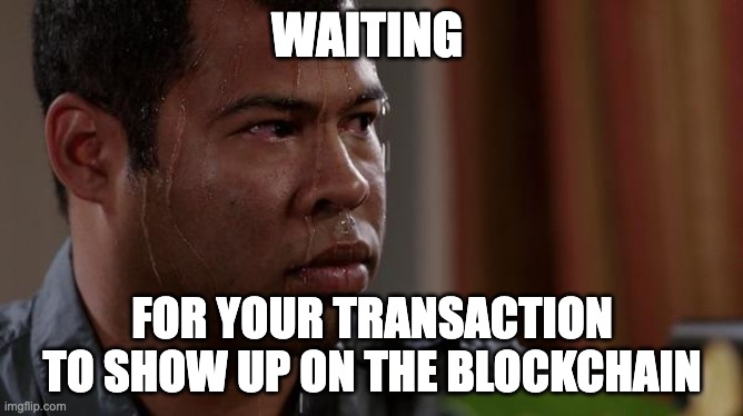 Waiting those 2 seconds like ? | WAITING; FOR YOUR TRANSACTION TO SHOW UP ON THE BLOCKCHAIN | image tagged in sweating bullets | made w/ Imgflip meme maker