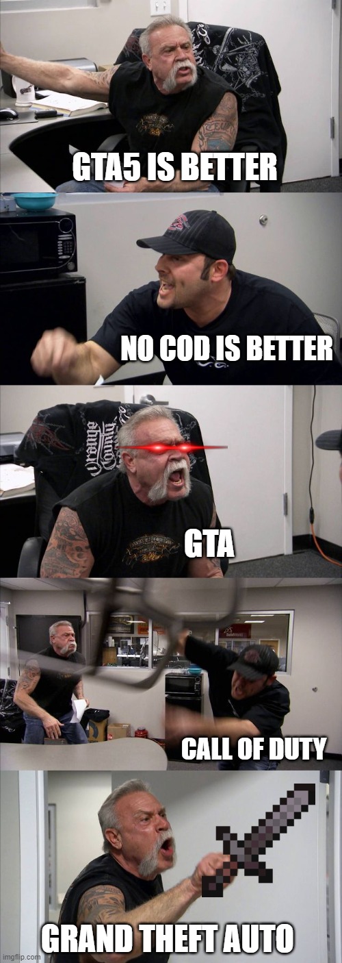 American Chopper Argument | GTA5 IS BETTER; NO COD IS BETTER; GTA; CALL OF DUTY; GRAND THEFT AUTO | image tagged in memes,american chopper argument | made w/ Imgflip meme maker