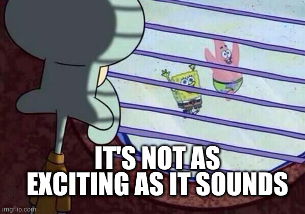 Squidward window | IT'S NOT AS EXCITING AS IT SOUNDS | image tagged in squidward window | made w/ Imgflip meme maker