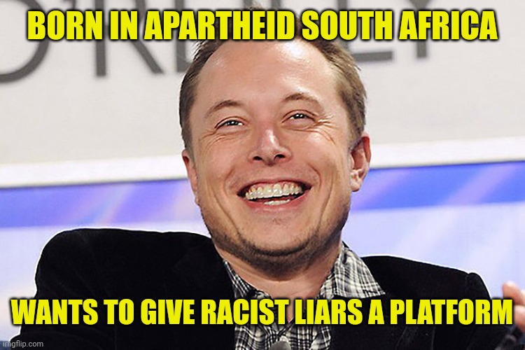 Sus | BORN IN APARTHEID SOUTH AFRICA WANTS TO GIVE RACIST LIARS A PLATFORM | image tagged in elon musk,twitter,racism | made w/ Imgflip meme maker
