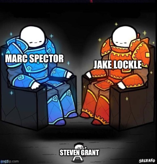 Moon Knoght in a nutshell | MARC SPECTOR; JAKE LOCKLE; STEVEN GRANT | image tagged in blue giant orange giant | made w/ Imgflip meme maker
